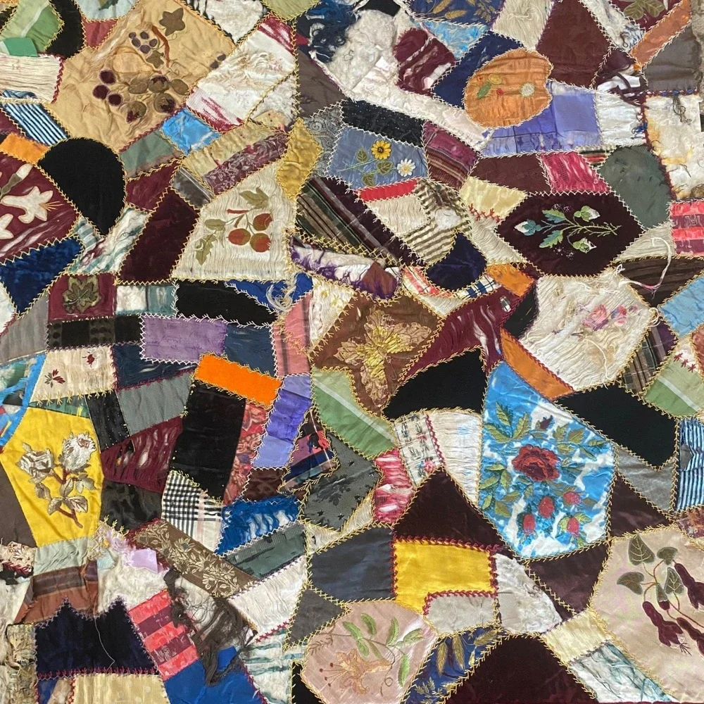 Antique Victorian Crazy Quilt Hand Embroidered Silk Velvet Patchwork Red Damaged